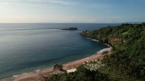 Aerial View of Virgin Beach Bay with Palm Trees, Traditional Boats, Green Cliffs Vídeos de archivo 337786194