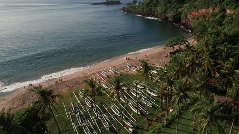 Aerial View of Virgin Beach Bay with Palm Trees, Traditional Boats, Green Cliffs Stock Footage 337786217