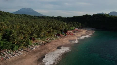 Aerial View of Virgin Beach with Palm Forest, Traditional Boats, Ocean Waves and Stock-Footage 337785017