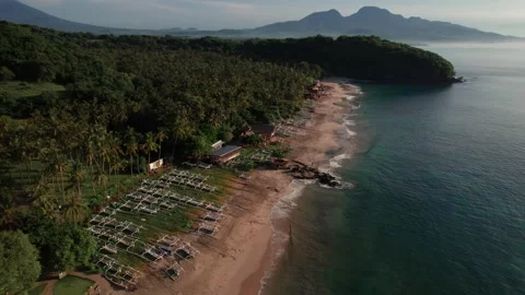 Aerial View of Virgin Beach with Palm Forest, Traditional Boats, Ocean Waves and Vídeo Stock 337785105