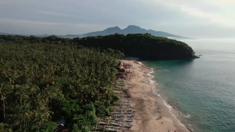 Aerial View of Virgin Beach with Palm Forest, Traditional Boats, Ocean Waves and Vídeos de archivo 337785224