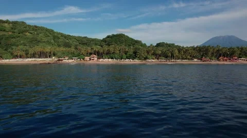 Aerial View of Virgin Beach with Palm Forest, Traditional Boats, Ocean Waves and Vídeos de archivo 337785251