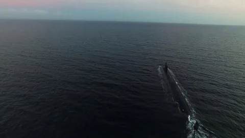Aerial view of Virginia class fast attack submarine USS Missouri sailing Stock Footage 90646949