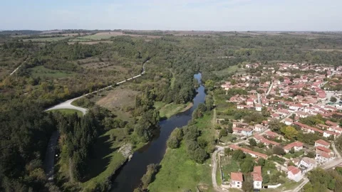 Aerial view of Vit river, passing near village of Aglen, Bulgaria Stock Footage 220645643