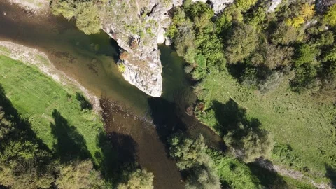 Aerial view of Vit river, passing near village of Aglen,Bulgaria Stock Footage 220645855