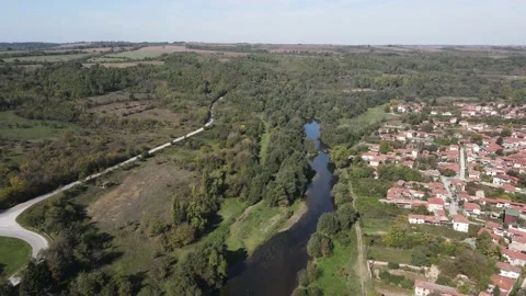 Aerial view of Vit river, passing near village of Aglen, Lovech Region, Bulgaria Stock Footage 234985145