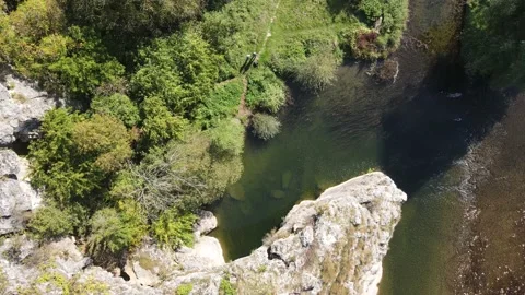 Aerial view of Vit river, passing near village of Aglen, Bulgaria Stock Footage 234985271