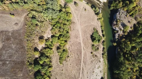 Aerial view of Vit river, passing near village of Aglen, Bulgaria Stock Footage 271348945