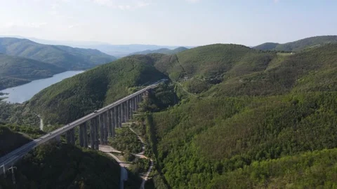 Aerial view of Vitinya Pass and Hemus (A2) motorway, Bulgaria Stock Footage 251868896