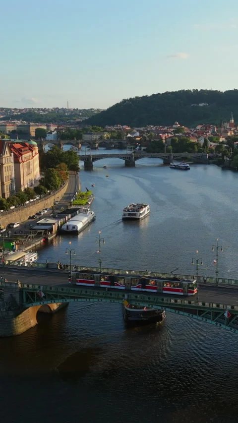 Aerial view of Vltava River bridge and tram in Prague Czech Republic 스톡 동영상 324621530