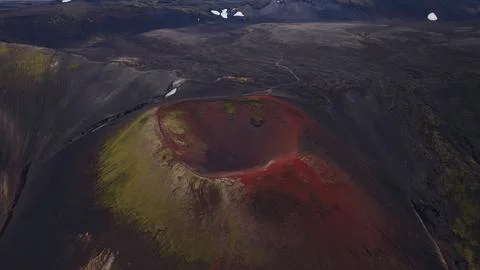 Aerial View of a Volcanic Crater with Red and Green Hues in Iceland Stock Photos