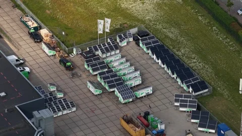 Aerial view of a Volta mobile solar installation using photovoltaic panels to Stock Footage 342610707