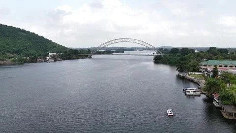 Aerial View of the Volta River and Adomi Bridge near Akosombo, Ghana Stock Footage 330859711