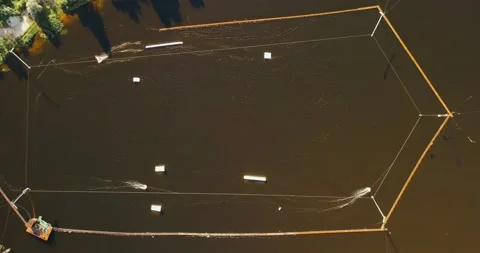 Aerial view of the wake park from the cable car and athletes dissecting the Video stock 156894782