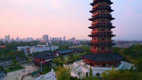 Aerial view of wanfo old tower in midtown of jinhua at sunset Stock Footage 197977509