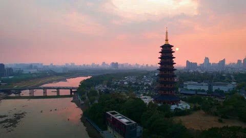 Aerial view of wanfo old tower in midtown of jinhua at sunset Stock Footage 198087488