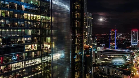 Aerial View of Warsaw, City Center, PKiN, Night, Warszawa, Poland, Polska Stock Footage