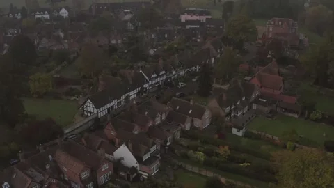 Aerial view of Warwick town with timber-framed Tudor houses and green gardens in Video stock 251050982