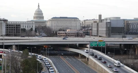Aerial View Washington D.C. Us Capitol Building with Cars Traffic Jam on Highway Stock Footage