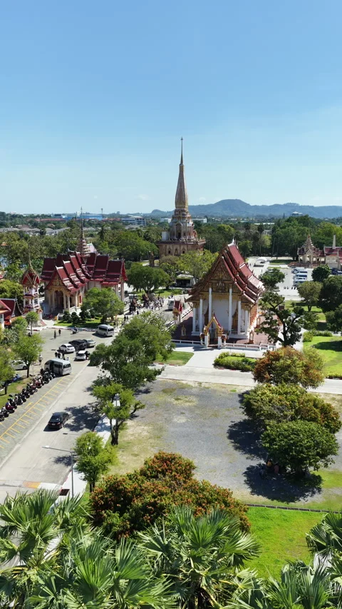 Aerial View of Wat Chalong Temple Complex in Phuket Stock Footage 341504586