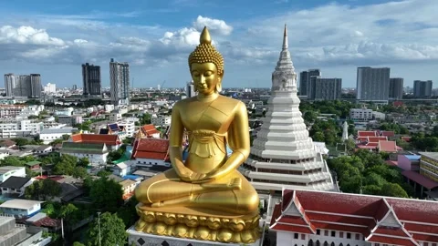 Aerial view of Wat Paknam Phasi Charoen temple in Bangkok city Thailand Stock Footage 247433740