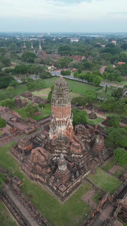 Aerial View of Wat Phra Ram Ancient Buddhist Temple Ruins in Ayutthaya, Thailand Stock Footage 335586112