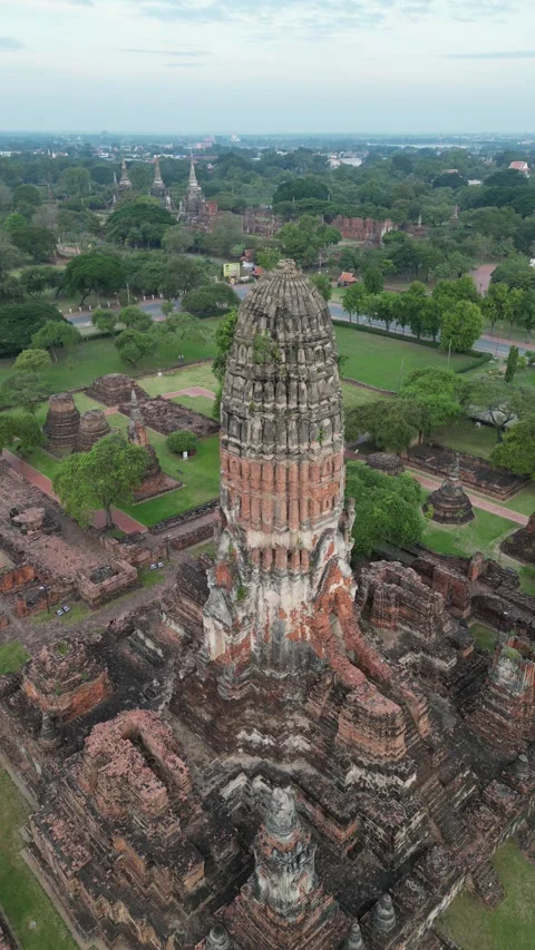 Aerial View of Wat Phra Ram Ancient Temple Ruins in Ayutthaya, Thailand Stock Footage 335586346