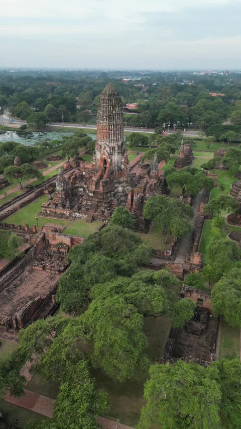 Aerial View of Wat Phra Ram Ancient Temple Ruins in Ayutthaya, Thailand Stock Footage 335586800