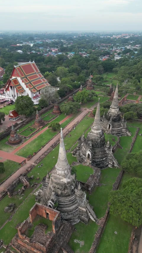 Aerial View of Wat Phra Si Sanphet Ancient Temples in Ayutthaya, Thailand Stock Footage 335586387