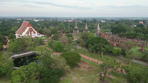 Aerial View of Wat Phra Si Sanphet Temple in Ayutthaya, Thailand Stock Footage 335587040