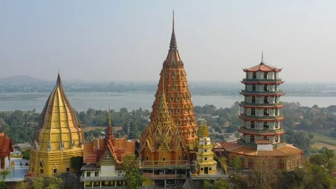 Aerial view of Wat tham sua or Tiger cave temple in Kanchanburi, Thailand Stock Footage 126139658