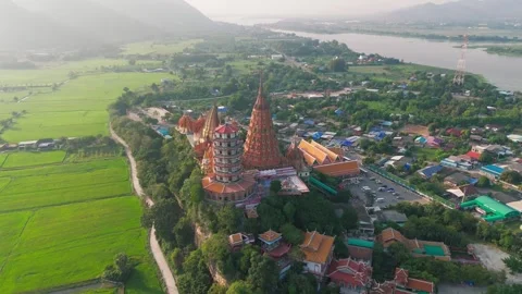 Aerial view of Wat Tham Suea buddhist temple is Kanchanaburi  Thailand Stock Footage 292118531