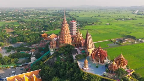 Aerial view of Wat Tham Suea buddhist temple is Kanchanaburi  Thailand Stock Footage 292118565