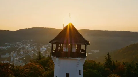 Aerial view of watchtower in Karlovy Vary in sunrise Stock Footage 103214853