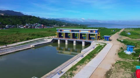 Aerial View of Water Control Structure in Rural Landscape. Stock Footage 304616064