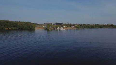 Aerial view of the water surface of a large lake. Water recreation. Stock Footage 108960846