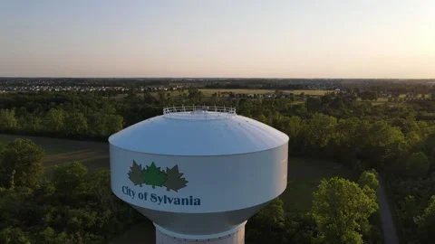Aerial View of water tower in Sylvania Ohio while rotating into the sunset Stock Footage