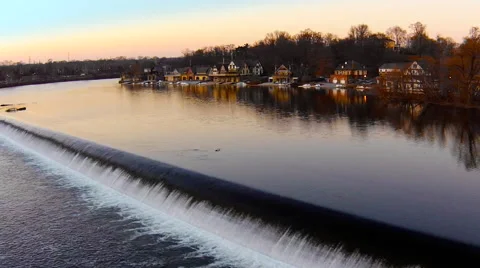 Aerial view of waterfall and boathouses. Boathouse Row in Philadelphia Stock Footage