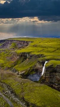 Aerial View of Waterfall and Moss Covered Terrain in Iceland Stock Photos