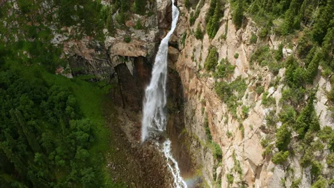 Aerial view of waterfall in Barskoon Gorge, Kyrgyzstan. Snow Leopard Tears. Video stock 165814643