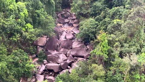 Aerial view of waterfall from cable car Ba Na Hills in Vietnam. Stock Footage 131685676
