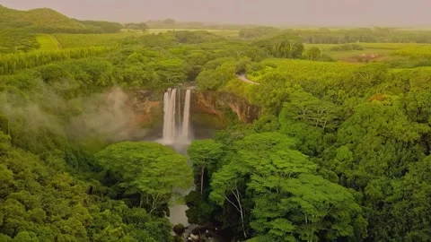 Aerial view waterfall cascading into lush green tropical jungle valley Stock Footage 339780939