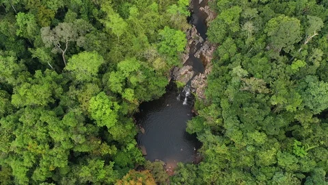 Aerial view waterfall in deep forest. Khlong Chao Waterfall in Koh Kood, Thailan Stock Footage 104661442