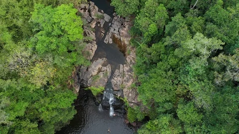Aerial view waterfall in deep forest. Khlong Chao Waterfall in Koh Kood, Thailan Stock Footage 105301269