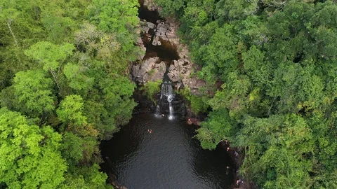 Aerial view. waterfall in deep forest. Khlong Chao Waterfall in Koh Kood, Thaila Stock Footage 107094710