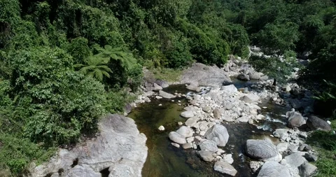 Aerial view waterfall in deep mountain rain forest with rocky Video stock 134447905
