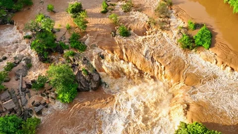 Aerial view: Waterfall flood in motion. Stock Footage 251016596