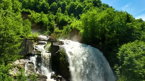 Aerial view of waterfall flowing through dense green forest Stock Footage 324533547