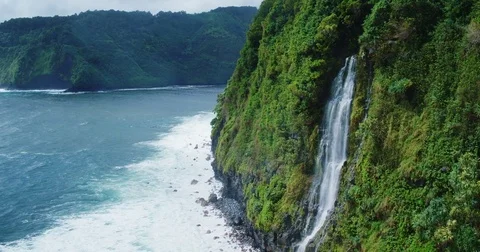 Aerial View of Waterfall in Hawaii Stock Footage