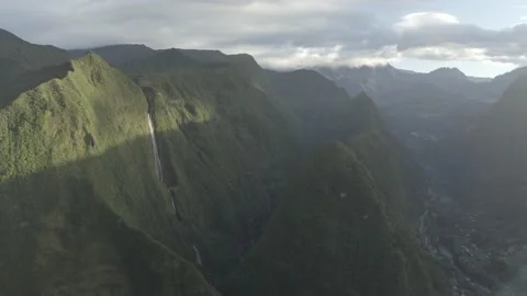 Aerial view of a waterfall (La Cascade Blanche), Saint Benoit, Reunion. Video stock 163231982